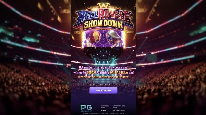 Reel Royale Showdown - หน้าจอหลักพร้อมวงล้อและช่อง Wild Addition สามช่อง